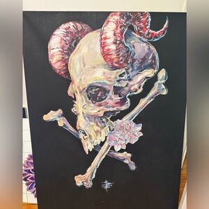Skull and Crossbones Art with Red Horns